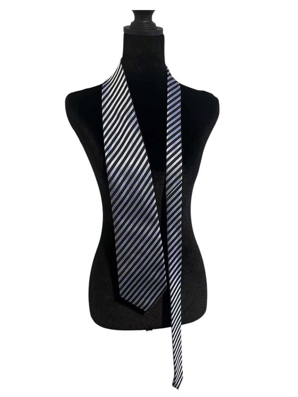 HANDMADE 100% Silk Giorgio Armani Black and Light Blue Striped Silk Tie